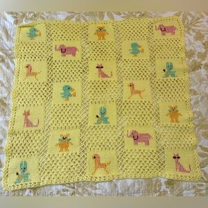 Vtg Handmade Yellow Crocheted Easter Bunny Cat Horse Bear Elephant Baby Blanket